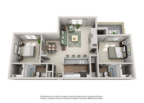 Floor plan for 2 beds, 2 baths, 1100 sqft